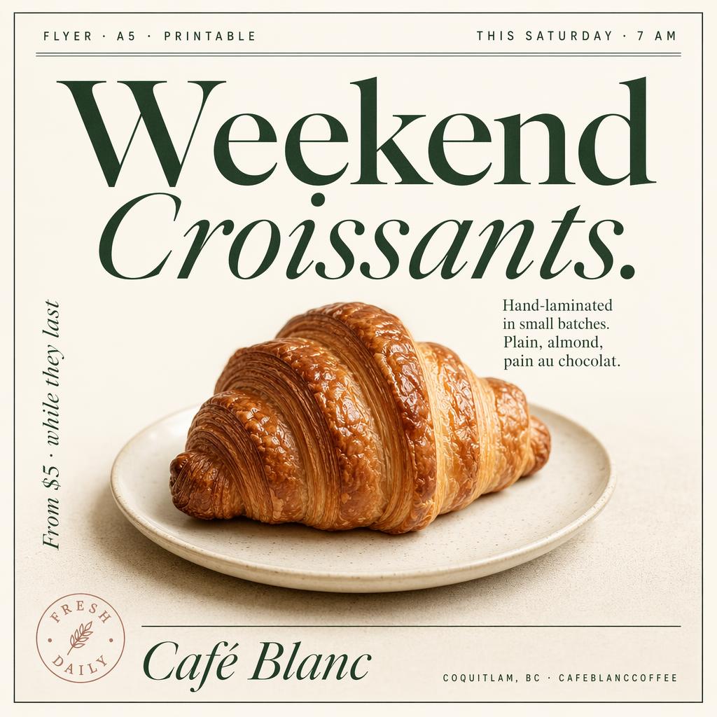 Printable flyer for Café Blanc, a café in Coquitlam, BC
